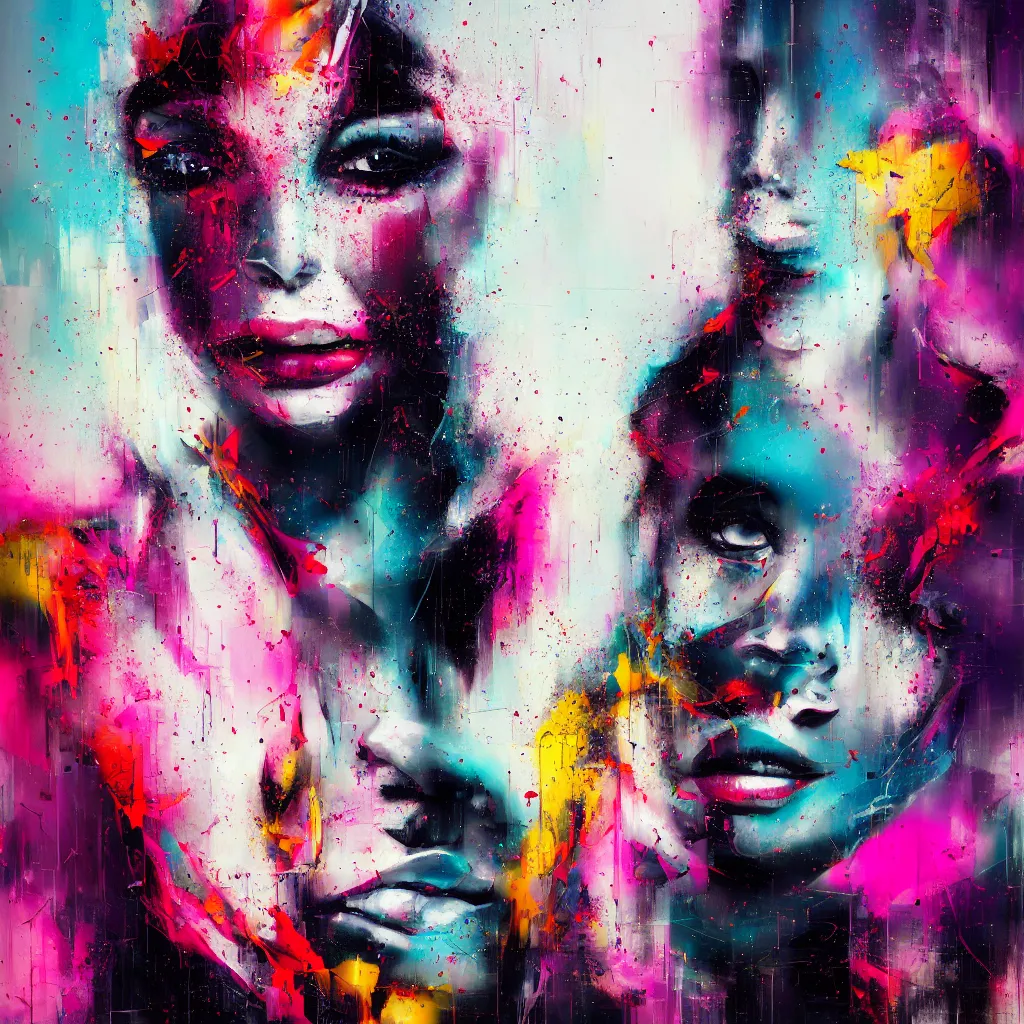 Image similar to abstract portrait of female shape, city in the background, beautiful abstract female shape, rule of thirds, face symmetry, colourful spray paint splatters, expressive, abstract art, by greg rutkowski, by jeremy mann, by francoise nielly, 4 k, 8 k, correct body proportion, cinematic style, female shape shadow