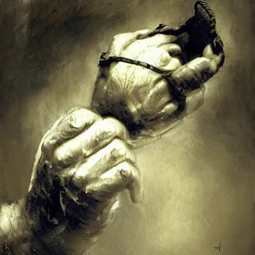 Image similar to weathered hands griping an aged baseball, by jeremy mann, anders zorn, greg rutkowski.