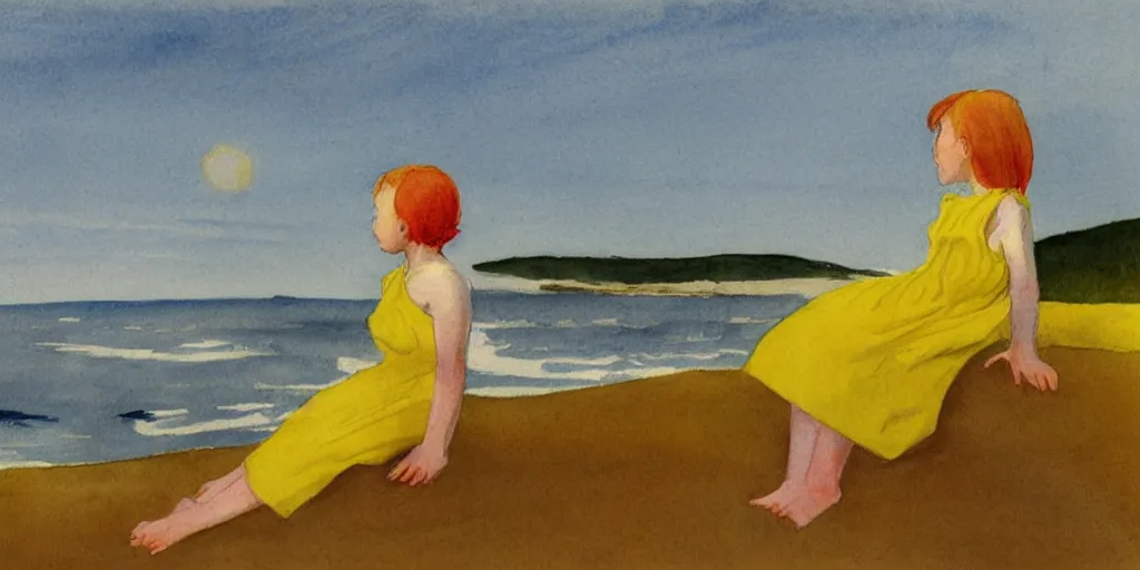 Image similar to girl with strawberry blonde hair wearing a yellow sundress sitting on a beach by the ocean, sunset, god rays, big clouds, watercolor and pencil, pastel colors, edward hopper, andrew wyeth