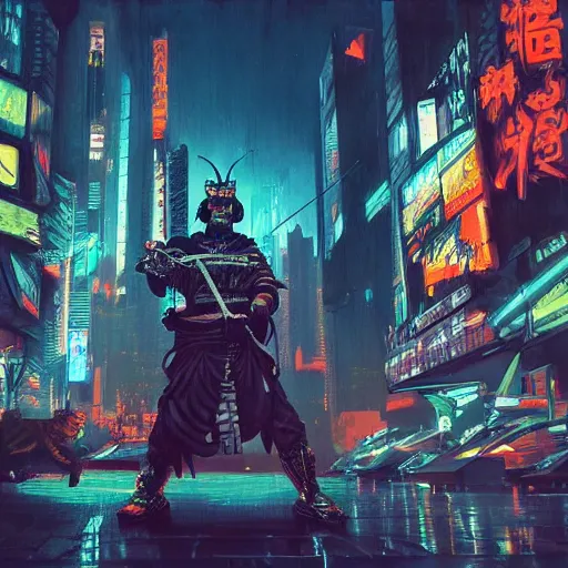 Prompt: cyberpunk matte painting of samurai with tiger head, holding the katana, cyberpunk city on the background, rainy night, neon glow, artstation trending, Peter Andrew Jones, Joe Jusko, Simon Stolenhag