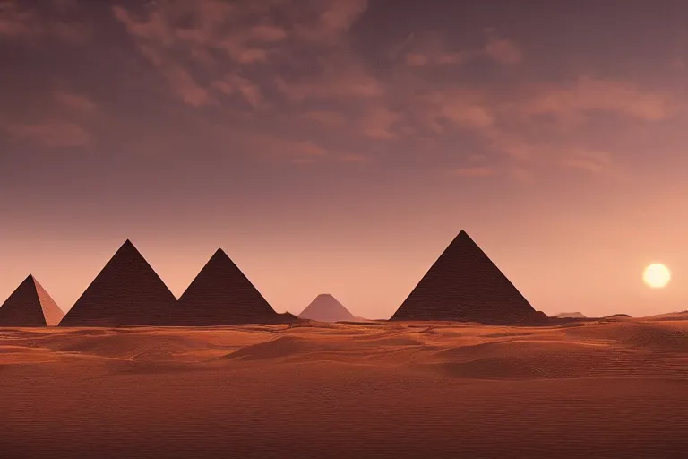 Image similar to still photography of an oasis in a large desert landscape, with ancient pyramids and some clouds on the horizon at dusk, by lee madgwick and wlop, 8 k, cinematic lights, atmospheric effects in the background, octane render, artstation, long exposure