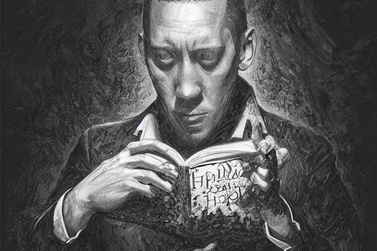 Image similar to “ a extremely detailed stunning portraits of hp lovecraft reading necronomicon by allen william on artstation ”