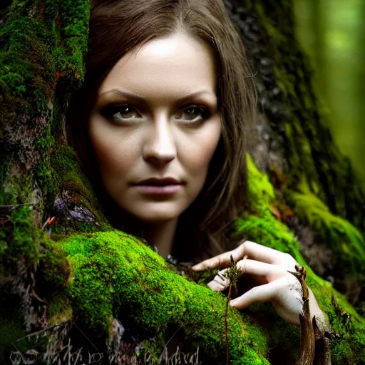 Prompt: a gorgeous wild woman that has deer antlers, deep forest background, matte oil painting, dnd art, fantasy, trees, terrain, moss, lichen, stunning, beautiful, feral, clear, crisp, sharp, award - winning, portrait, extremely detailed