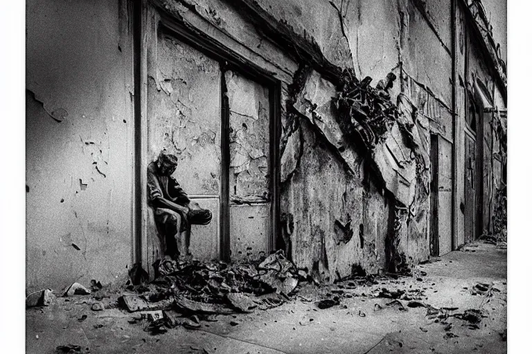 Image similar to “a disturbed man looking at his crumbling limbs, extreme detail, particles drifting across the frame”
