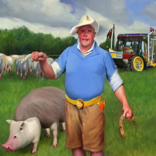 Prompt: a proud englishman farmer showing off his prized blue ribbon hog at the county fair, oil painting