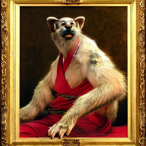 Image similar to a portrait of a furry hamato yoshi wearing a red kimono, hairy, furry body, furry arms, feet, tail. highly detailed painting by gaston bussiere, craig mullins, j. c. leyendecker, furry