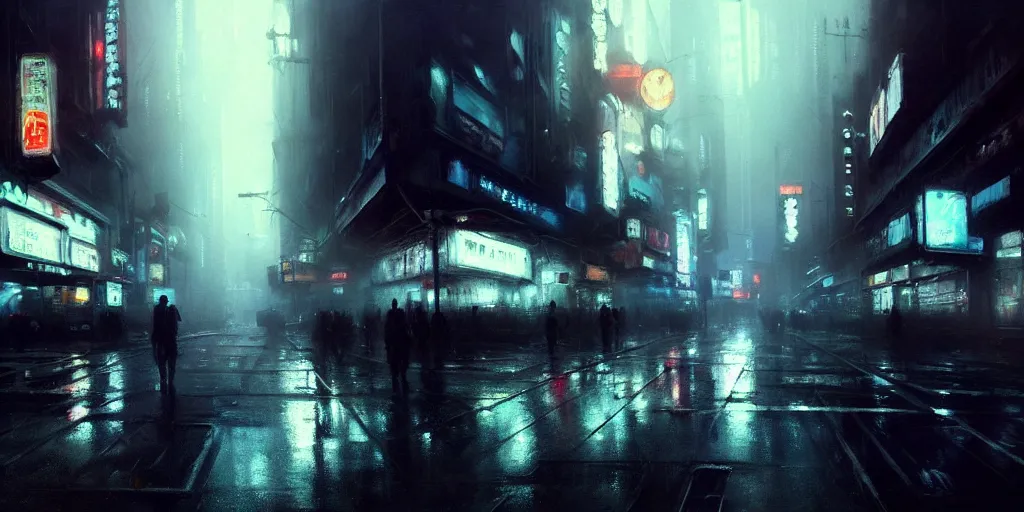 Prompt: beautiful painting by jeremy mann, cyberpunk street, neon signs, still from blade runner movie, desaturated, oil painting, perfect composition, detailed octane render trending on artstation, misty, ominous, unsettling, 8 k artistic photography, volumetric cinematic perfect light, wlop, artgerm, greg rutkowski