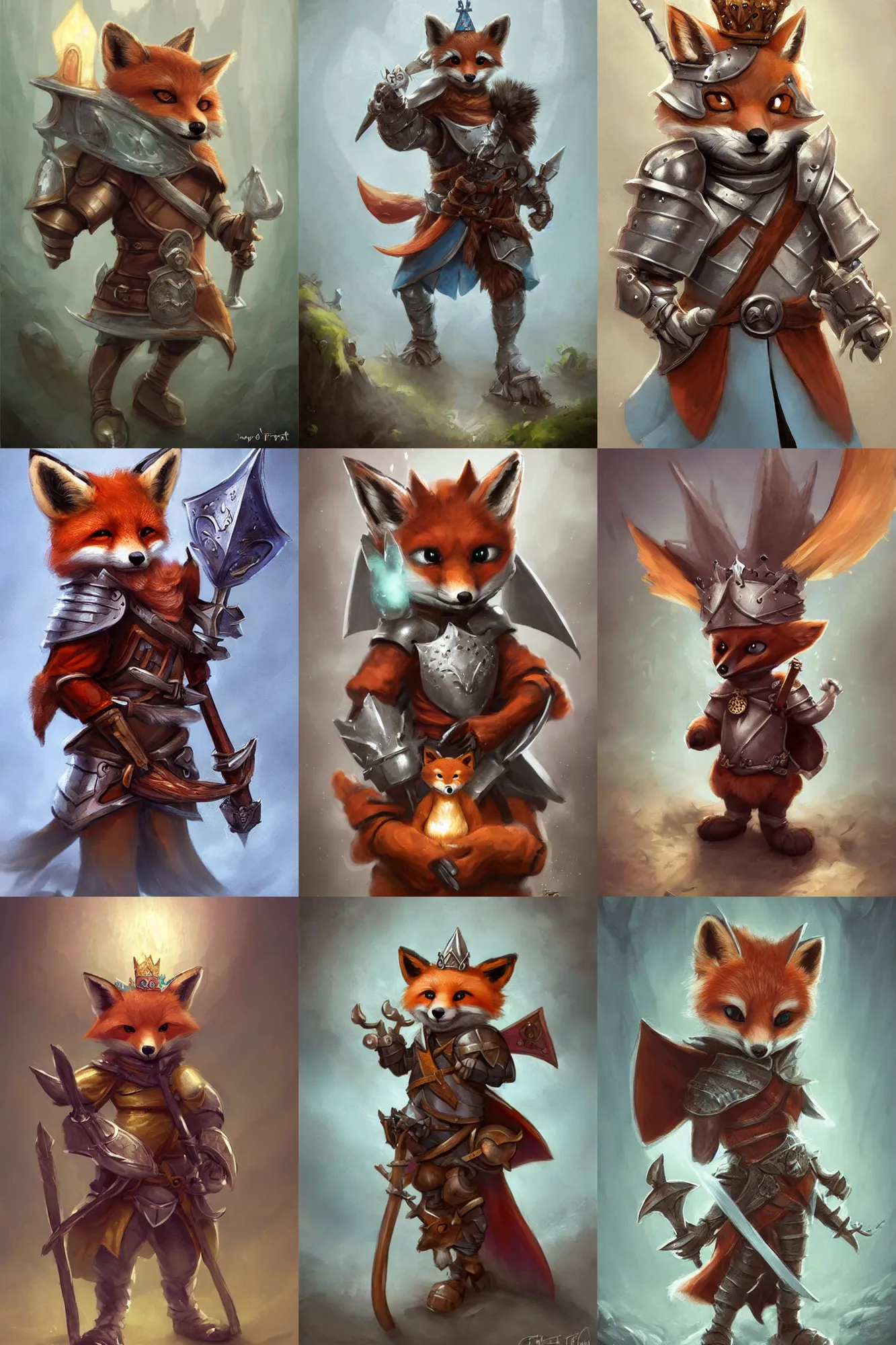 Image similar to cute little anthropomorphic foxy knight wearing a cape and a crown, tiny, small, miniature fox, baby animal, short, pale blue armor, cute and adorable, pretty, beautiful, DnD character art portrait, matte fantasy painting, DeviantArt Artstation, by Jason Felix by Steve Argyle by Tyler Jacobson by Peter Mohrbacher, cinematic lighting
