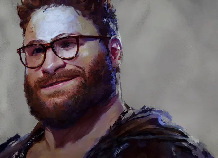 Image similar to a highly detailed beautiful portrait of seth rogen as kratos, by gregory manchess, james gurney, james jean