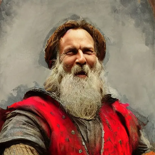 Prompt: Solomon Joseph Solomon and Richard Schmid and Jeremy Lipking victorian genre painting portrait painting of a old rugged movie actor medieval french english german knight character in fantasy costume, red background