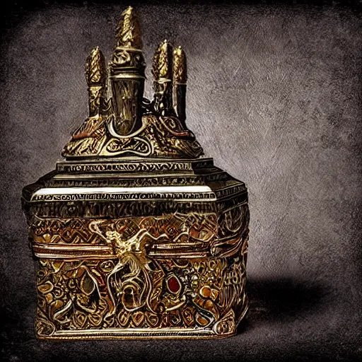 Image similar to Ornate Embellished Casket with Ancient Mummy King rising out Treasure Jewels Coins Dark Fantasy Art HDR