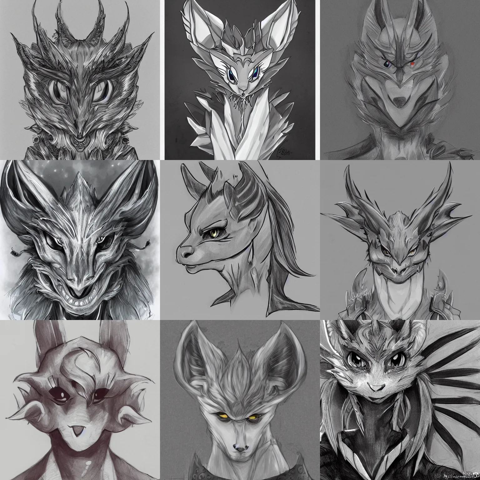 Prompt: anthropomorphic silver dragon, headshot profile picture, cute ears, large eyes, male, commission on furaffinity, sketch drawing