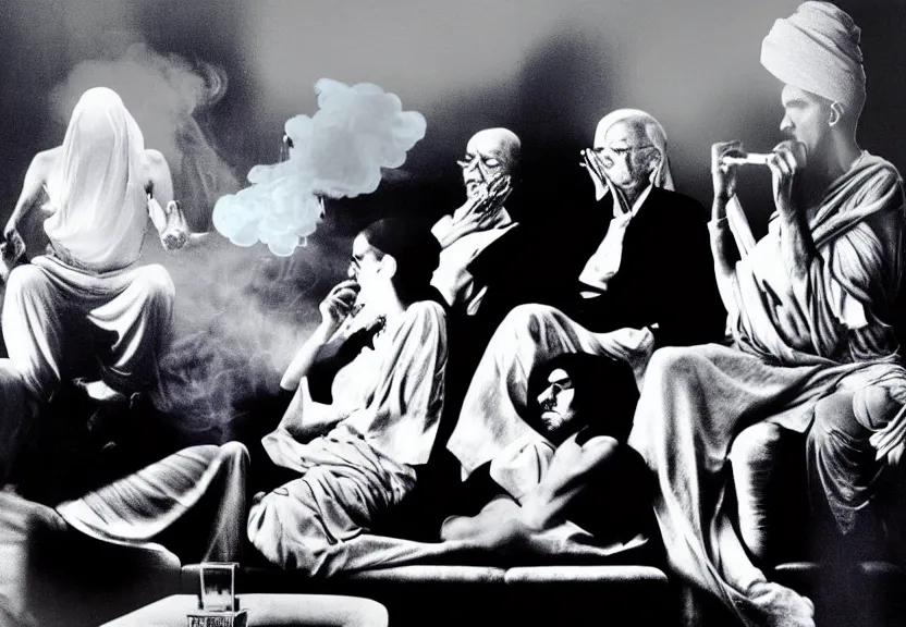 Prompt: smoke session for the ages: Gandhi , Obama, Jesus, And Lady GaGa smoking a fat blunt on a sofa by Andy Warhol, photograph, by Beeple