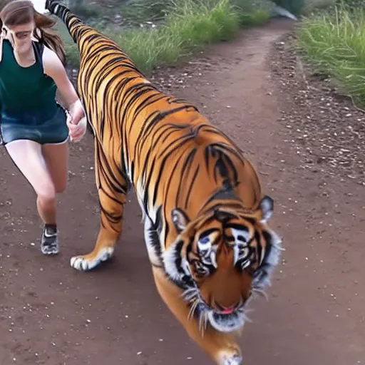 Image similar to screenshot of go pro footage from front view emma watson running in front of tiger over shoulder tiger behind emma