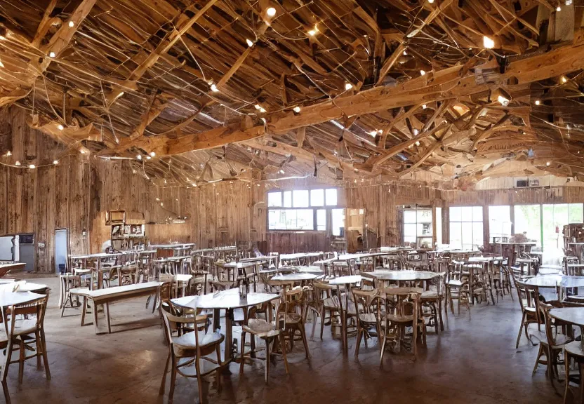 Image similar to 30ft x 50ft interior barn renovation as intimate folk music event space with bar and cafe tables 8k photorealistic