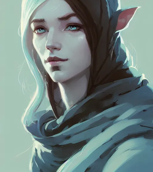 Image similar to portrait of elven mage ( lord of the rings ) by atey ghailan, by greg rutkowski, by greg tocchini, by james gilleard, by joe fenton, by kaethe butcher, dynamic lighting, gradient light blue, brown, blonde cream and white color scheme, grunge aesthetic