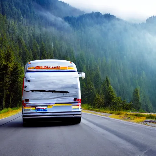 Image similar to very creative livery on big commercial bus on misty highway scene, the sun shining through the moutains