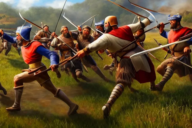 Image similar to ( ( a beautiful 8 k photorealistic masterpiece oil painting ) ( of ( man running for his life in the age of empires 2 game ) ( knights and archers try to kill him ) ) ( hyperrealism ) ( 1 6 k ) ( trending on artstation )