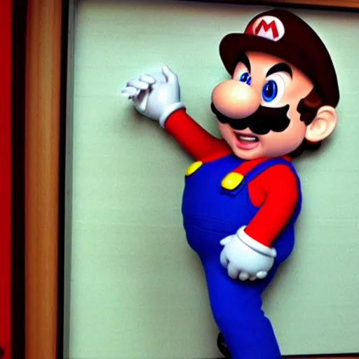 Prompt: mario trying to escape a room filling with smoke