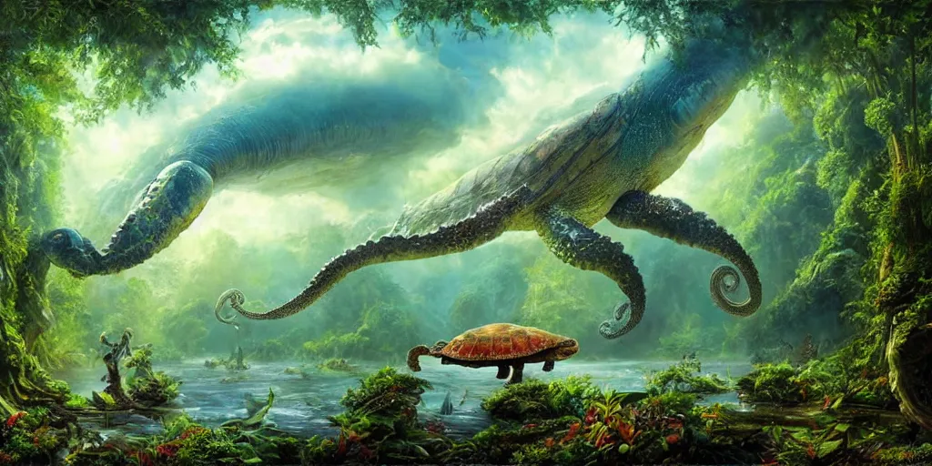 Image similar to fantasy oil painting, great leviathan, turtle cephalopod terrapin reptilian pachyderm amphibian hybrid, rainforest mountains, lush plants flowers, epic natural light, bright clouds, luminous sky, alien spacecraft, outer worlds, bright cinematic key lighting, michael cheval, michael whelan, vray, 8 k hd