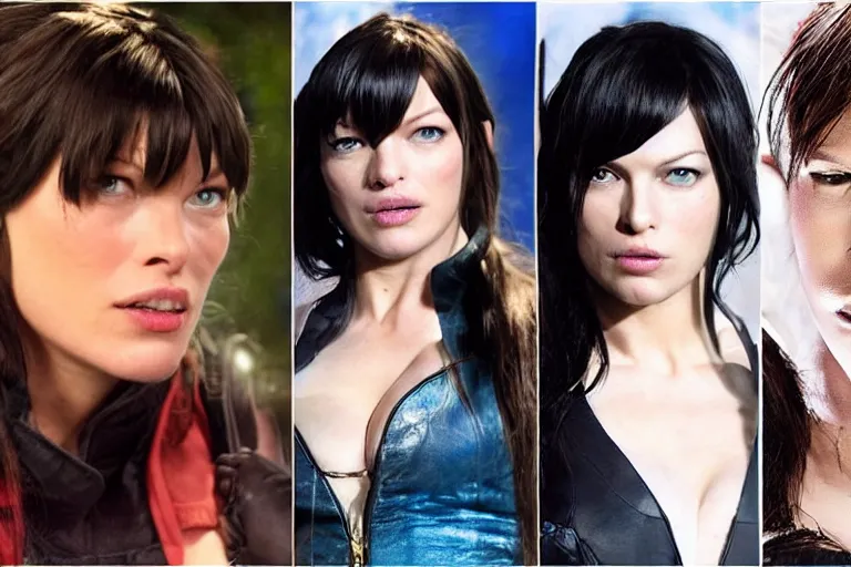 Image similar to Mila Jovovich as rinoa from final fantasy nime, kanye west as a japanese character Te Kā female lava and fire goddess character, character is in all its glory, Spiderman as electro