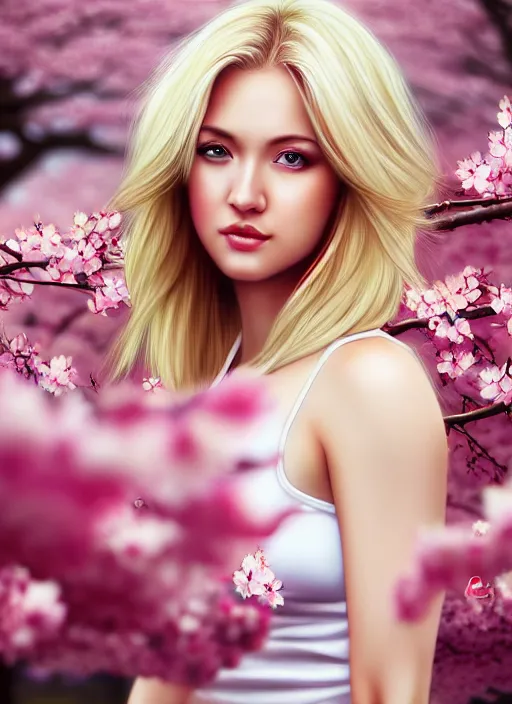 Image similar to photo of a gorgeous blonde female in the style of stefan kostic, realistic, half body shot, sharp focus, 8 k high definition, insanely detailed, intricate, elegant, art by stanley lau and artgerm, extreme blur cherry blossoms background