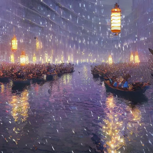 Image similar to concept art, river lanterns on the eve of ullambana festival, high resolution, by james gurney, king sejong, yi jeong, yi jing, artstation