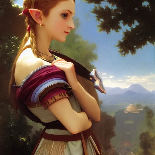 Image similar to a screnshot of princess Zelda Zelda Zelda from ocarina of time looking over her shoulder by William-Adolphe Bouguereau