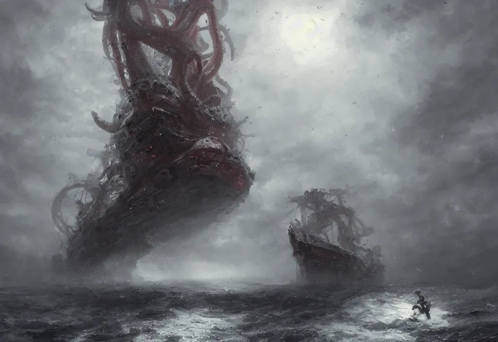 Image similar to a giant octopus wrapped around a large ship in the ocea, stormy, artstation, jakub rozalski, high detail, dramatic lighting, night, fog