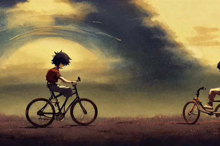 Prompt: a boy riding his bike alone fuji, high intricate details, rule of thirds, golden ratio, cinematic light, anime style, graphic novel by fiona staples and dustin nguyen, by beaststars and orange, peter elson, alan bean, studio ghibli, makoto shinkai