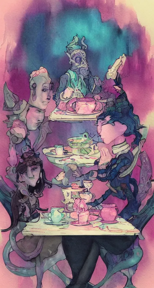 Image similar to soldier of chaos, mischief and beauty having tea alone at a table in a pastel fantasy land, surreal, glitched watercolor, chromatic abberation, trending on artstation, in the style of james jean feint, inspired by art nouveau