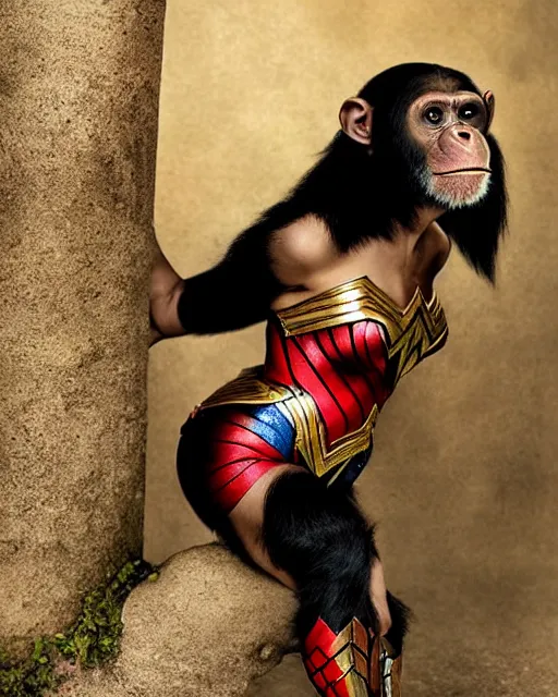 Image similar to photos of a Chimpanzee dressed as Wonder Woman. A chimpanzee wearing Wonder Woman’s outfit, Photography in the style of National Geographic, photorealistic