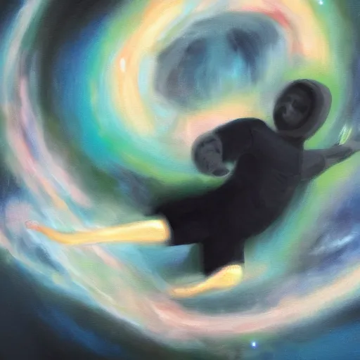 Image similar to man falling in a black hole, oil painting, pale colors, high detail, 8 k, wide angle, trending on artstation,