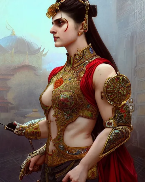 Image similar to portrait of a turkish masculine female alexandra daddario cyberpunk machine, machine face, upper half portrait, decorated with ottoman opera motifs, muscular, asian, fine china, wuxia, traditional chinese art, intricate intense elegant, highly detailed symmetry headpiece digital painting artstation concept art smooth sharp focus illustration, art by artgerm and greg rutkowski alphonse mucha 8 k