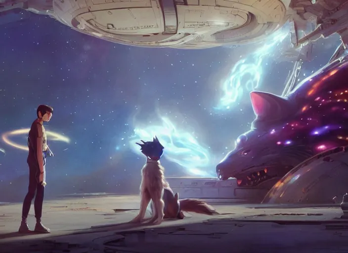 Prompt: a space handsome gay guy and his pet space cat staring role in a musical sci - fi space opera ghibli animated film, volumetric lighting, octane render by stanley artgerm lau, greg rutkowski, thomas kindkade, alphonse mucha, loish, norman rockwel,