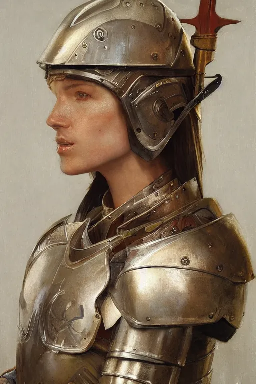 Image similar to an upper body portrait of a female knight, oil painting, by ross tran and and Edgar Maxence and julie bell