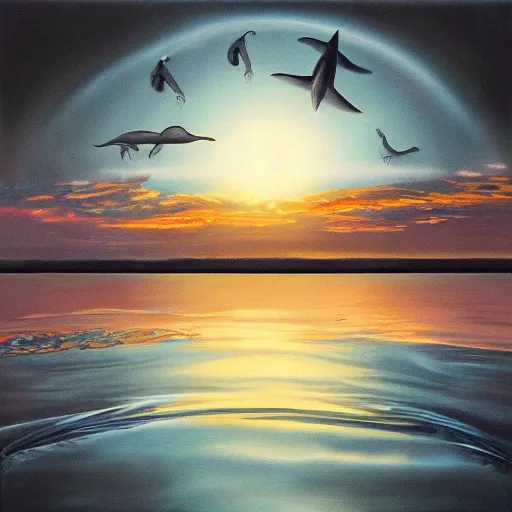 Prompt: oil painting, photorealistic, symmetrical, sunset, reflection on water, ufo floating above water, dolphins in water, horror, ominous