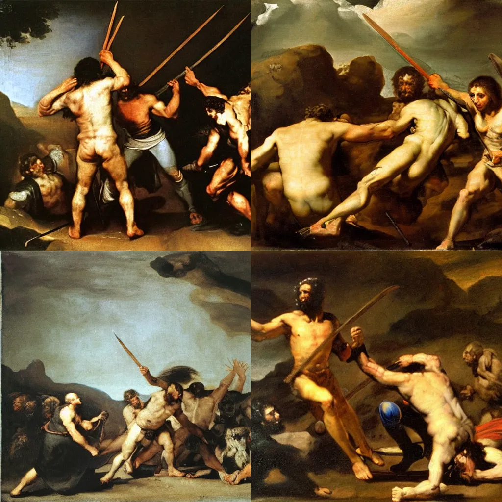 Prompt: highly detailed, uhd, Cain slays Abel with a spear, by francisco goya, mythological painting, oil painting, renaissance