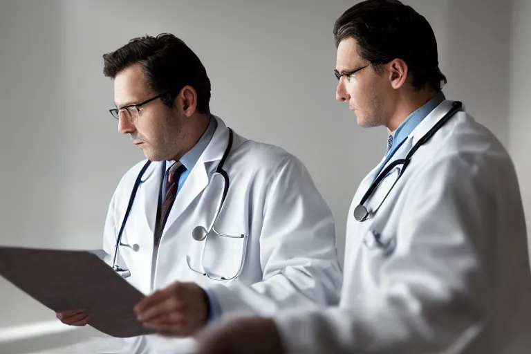Image similar to a cinematic shot of an doctor reading his notes, talking to a patient, moody lighting, action, movie still, shallow depth of field, muted colors