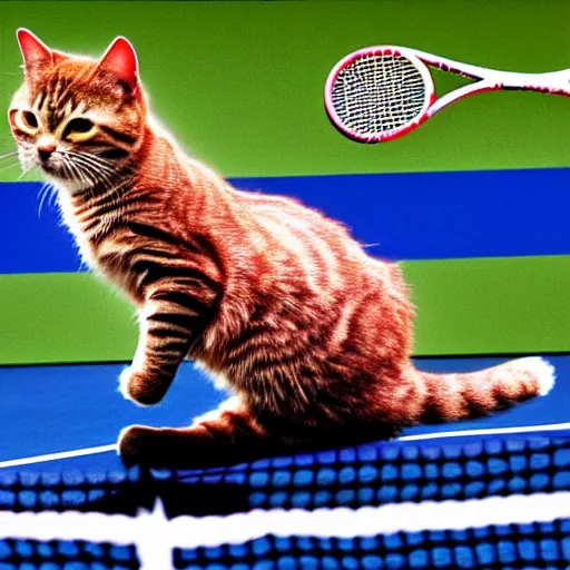 Prompt: Garfield cat playing tennis against a refrigerator