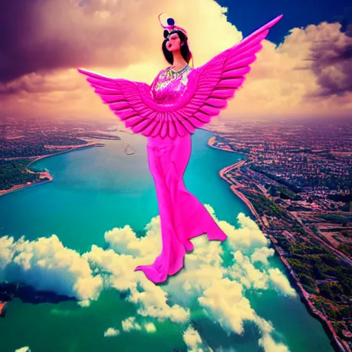 Image similar to goddess wearing a flamingo fashion, photoshop, colossal, creative, giant, digital art, city, photo manipulation, clouds, sky view from the airplane window