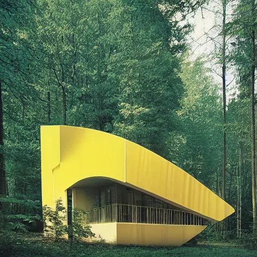 Prompt: architecture ad for a mid - century modern house in the middle of the forrest designed by zaha hadid. shell. film grain cinematic colorize yellow hue