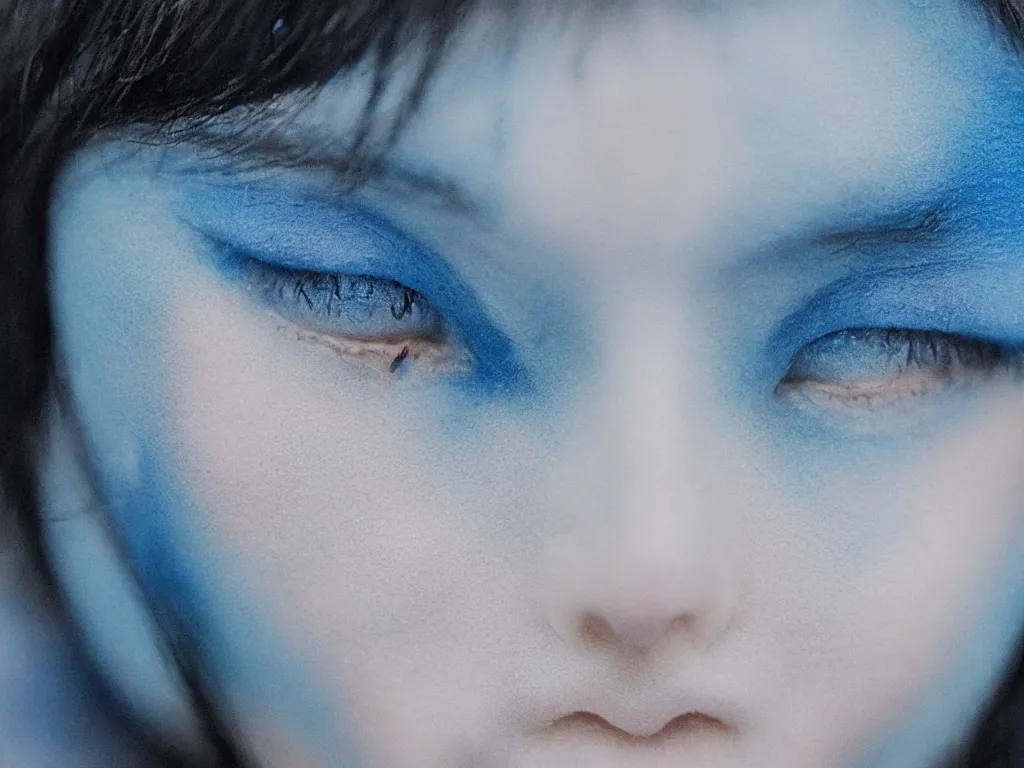 Image similar to the piercing blue eyed stare of yuki onna, freezing blue skin, painted in minimalist watercolor, bokeh, asymmetric, rule of thirds