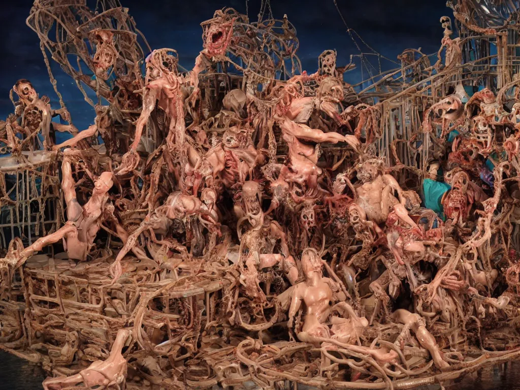 Image similar to diorama of the raft of the medusa as an animatronic schlock body horror comedy film, fun, animatronic figures, Sally Corporation, Garner Holt, Chris Walas, Rick Baker, Rob Bottin, Alec Gillis, Tom Woodruff Jr, Tom Savini, Stan Winston, lurid, vivid colors, neon lights, rubber latex, plastic, realistic materials, fleshy, Cronenberg, daylight, photo real, wet, slimy, wide angle, rule of thirds, 28mm, 1984, Eastman EXR 50D 5245/7245