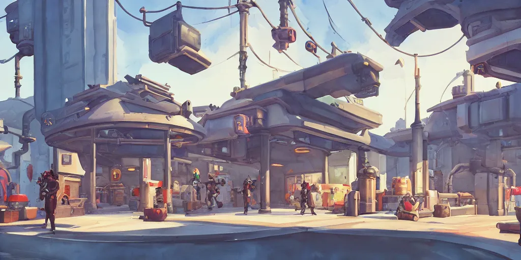 Image similar to overwatch building, stylized, exterior, architecture, in watercolor gouache detailed paintings, insanely detail, artstation, 8 k, futuristic, big medium small, arcane, simon stalenhag, food stall