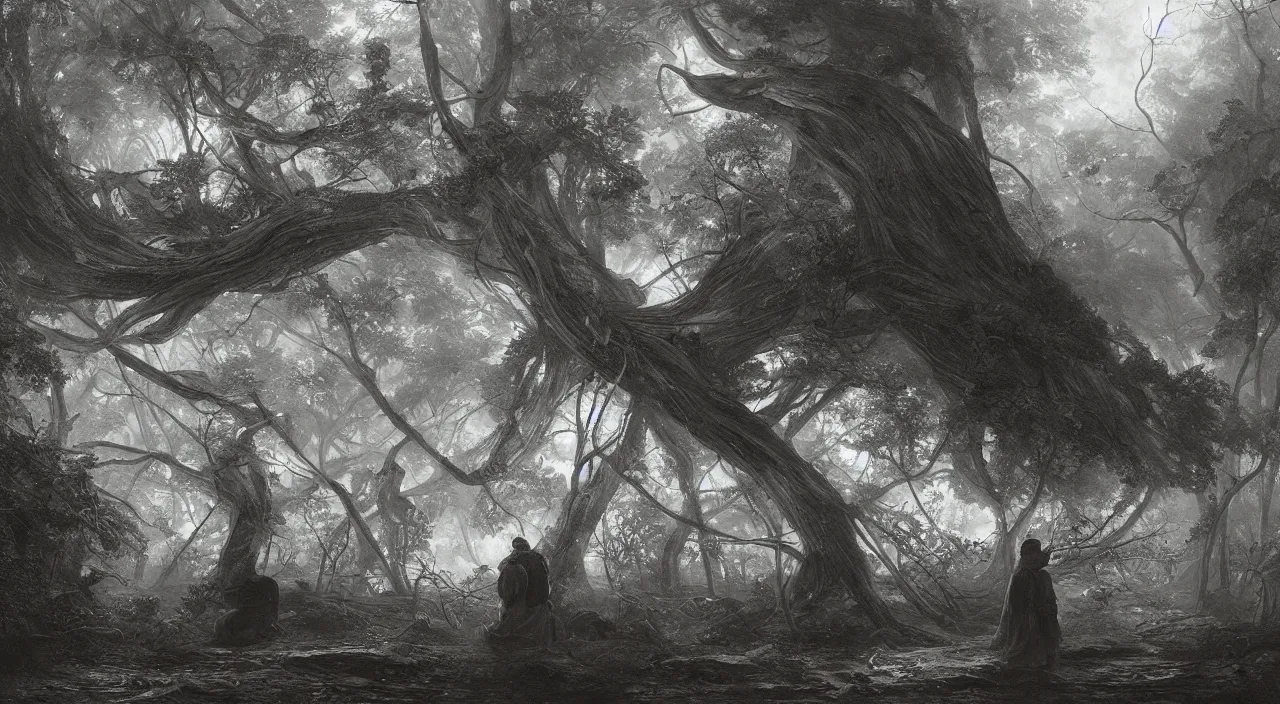 Image similar to huge leaves. edward gorey, andreas achenbach, artgerm, mikko lagerstedt, zack snyder, tokujin yoshioka