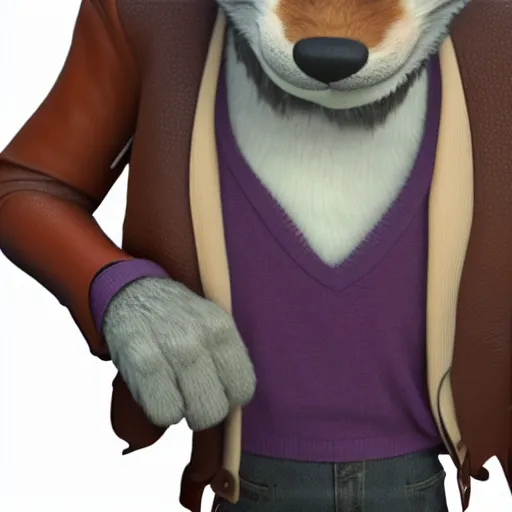 Prompt: far shot, 3d render , anthropomorphic wolf male , wearing along brown leather jacket , in the style of Zootopia