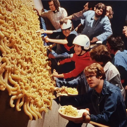 Prompt: refugees climbing over the great wall of mac n' cheese. 1980s sci-fi film. n- 9