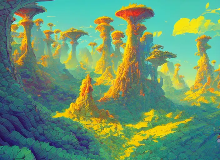 Image similar to psychedelic concept art of a landscape made of bananas, cel shaded, in the style of makoto shinkai and moebius and peter mohrbacher and anton fadeev