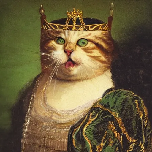 Prompt: a fat dark fluffy tabby cat with green eyes wearing aristocratic robes and a golden necklace and a crown sitting in a garden in the style of Rembrandt